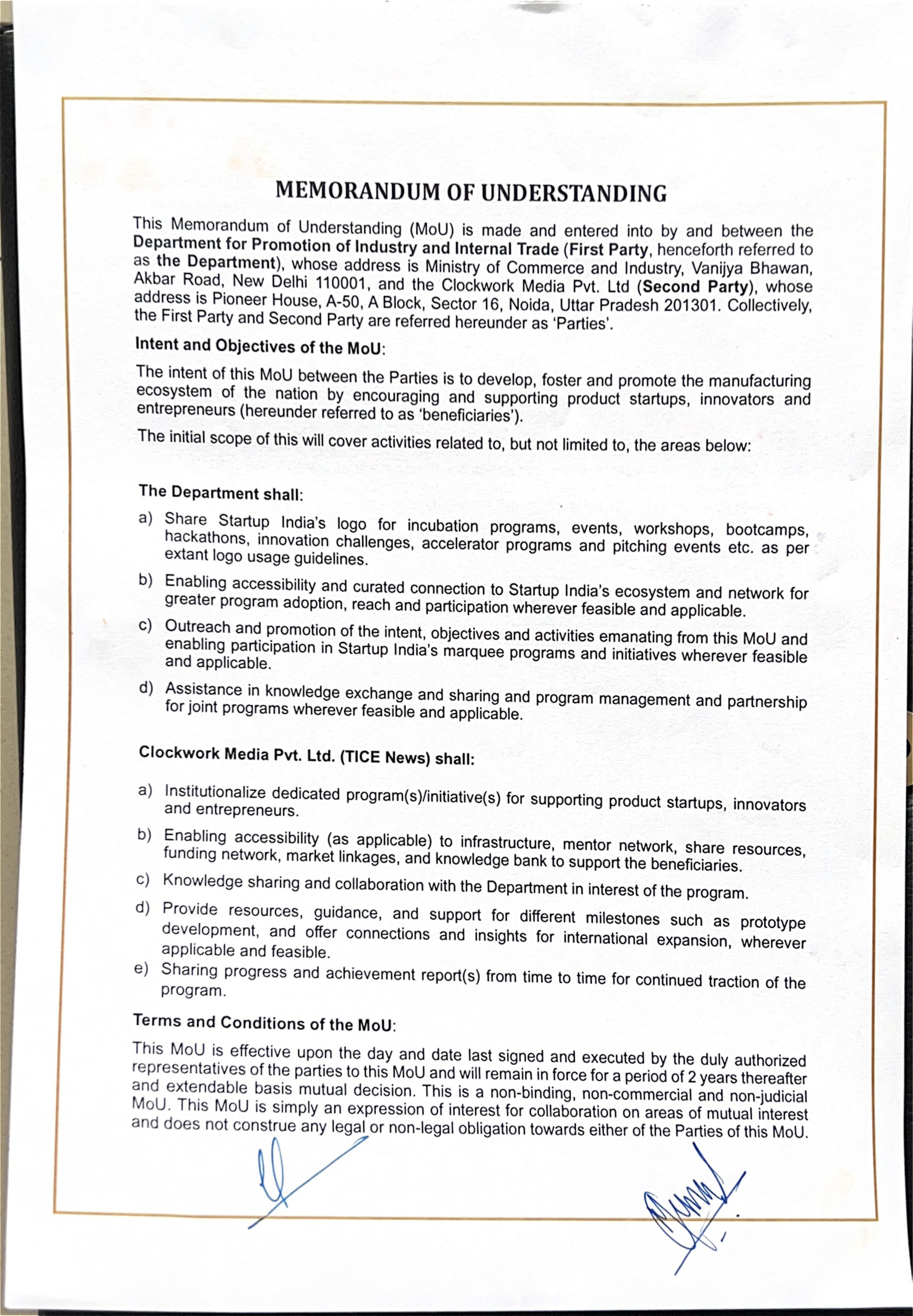 Startup India DPIIT MoU document page